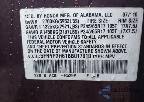 2011 Honda Pilot Ex-L z USA, uszkodzony, nr VIN 5FNYF3H61BB017910
